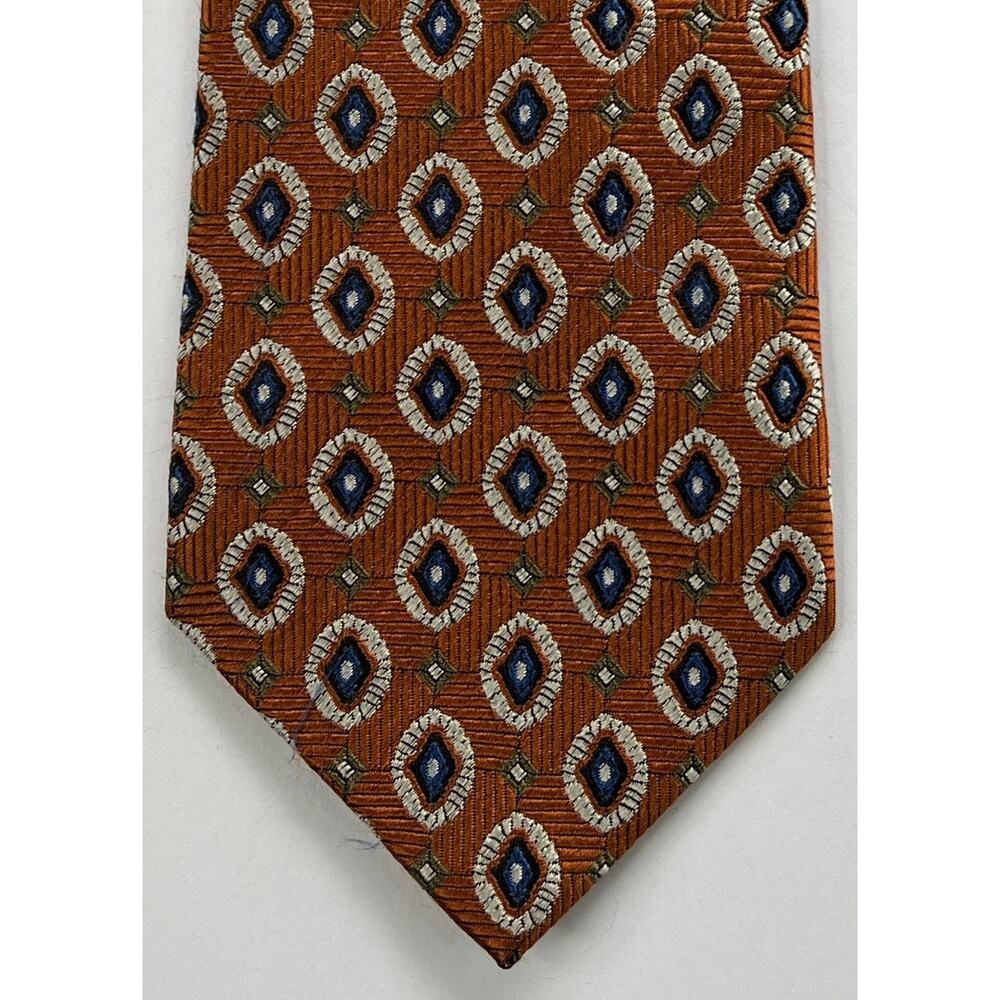 Jos A Bank 100% Silk Tie Orange Blue Geometric Medallion Classic Wide Tie